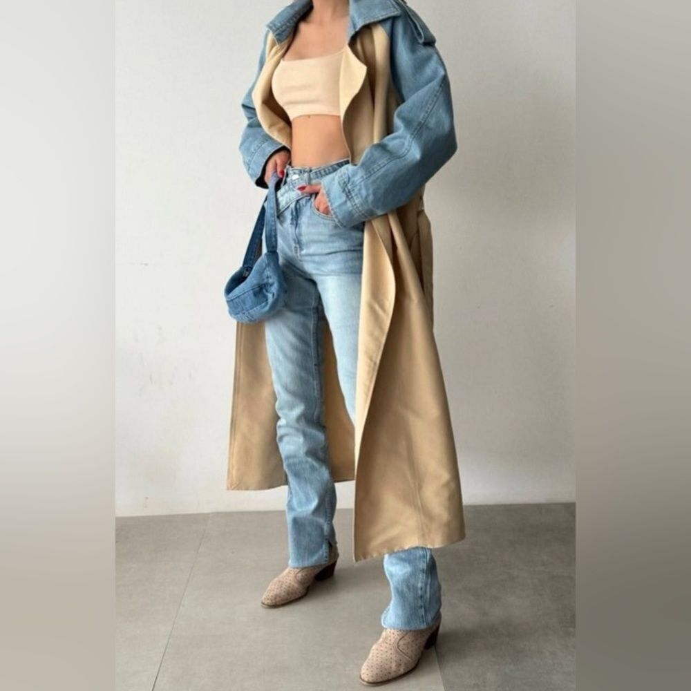 032. Trench Coat Jacket beige with denim sleeve - Picture 9 of 11
